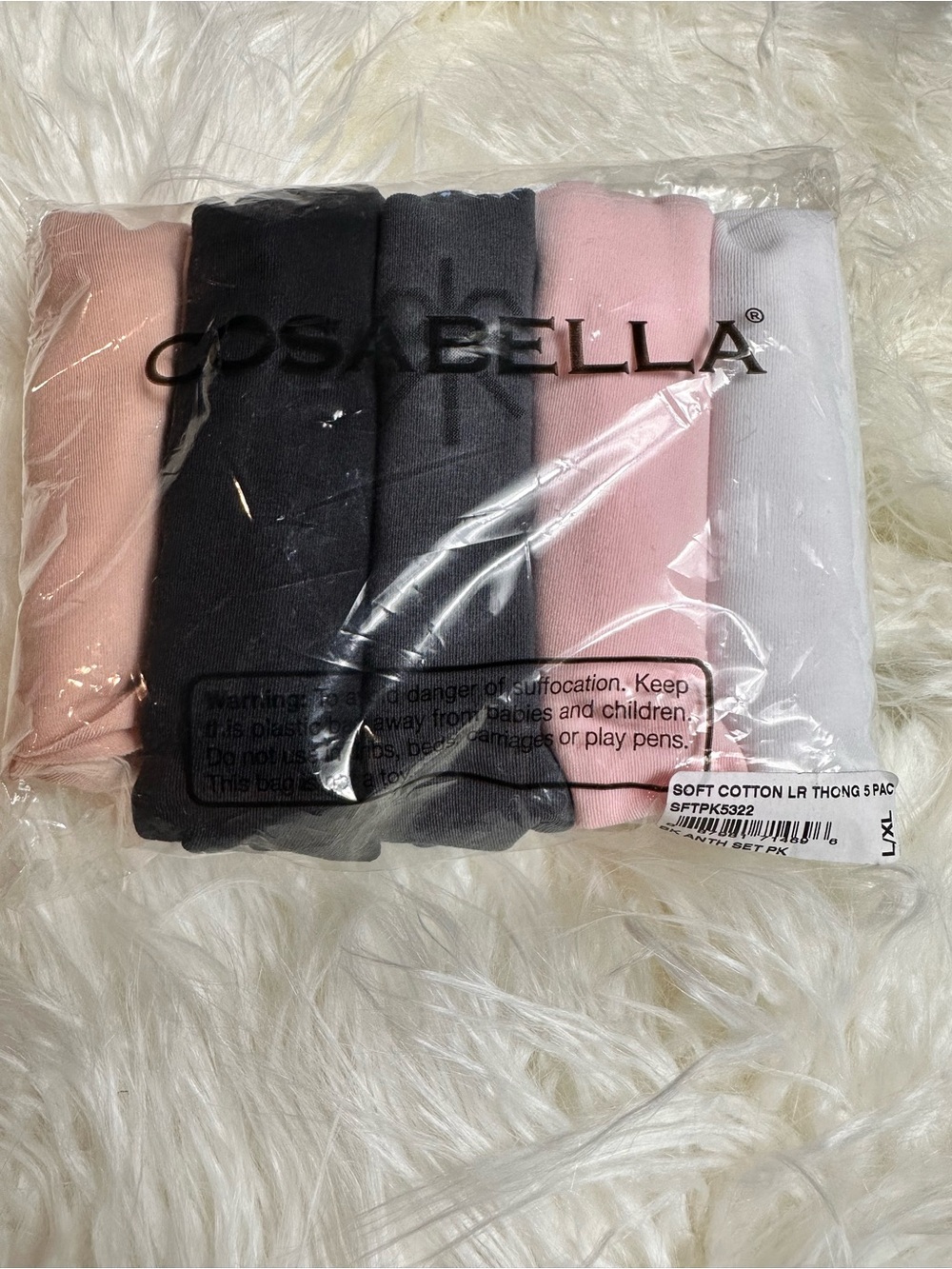 New Cosabella 5-Pack Soft Cotton Low Rise Thong L/XL Black White Blush